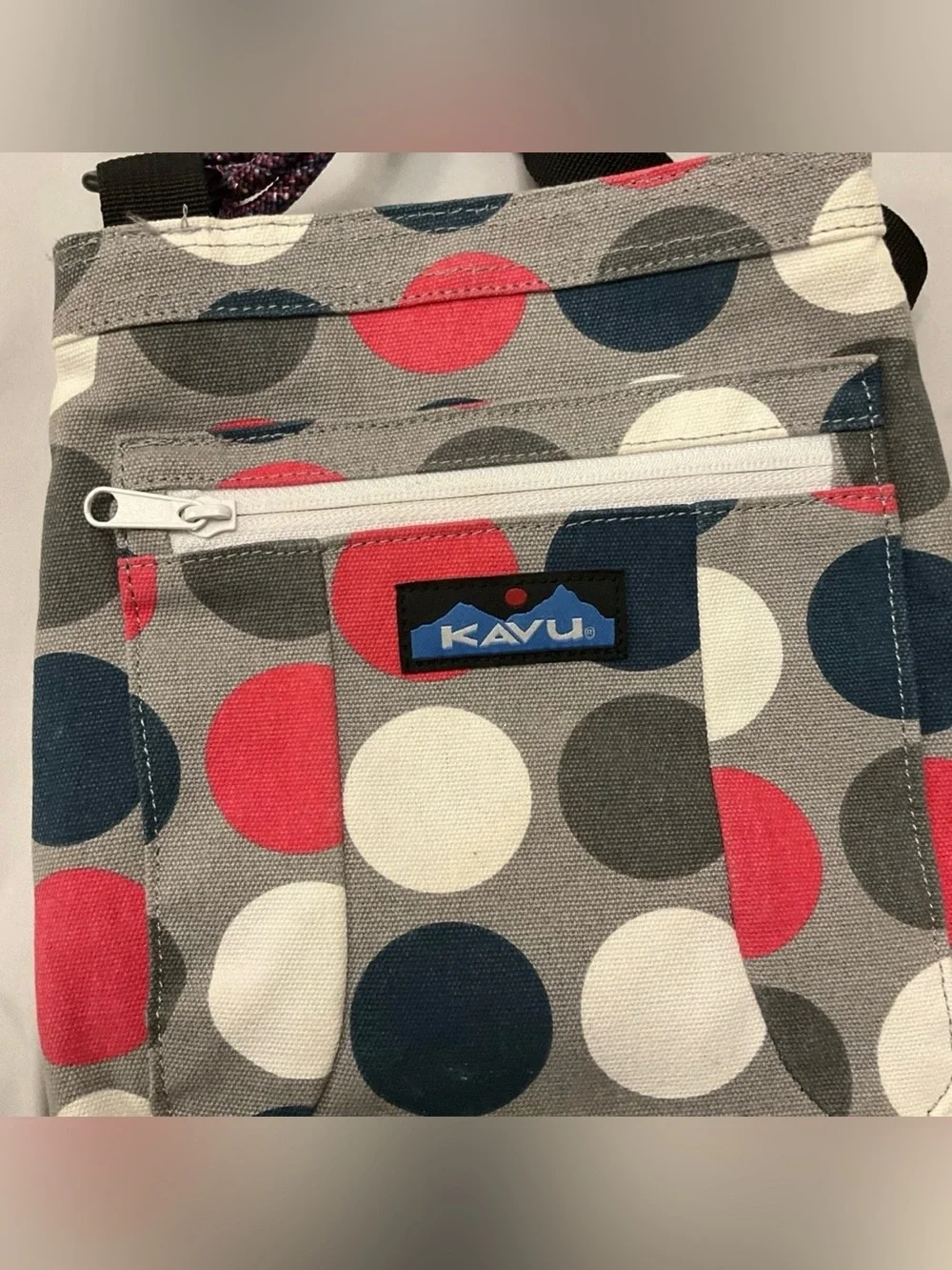 Kavu Gray Messenger Bag with Red, Navy & White Polka Dots